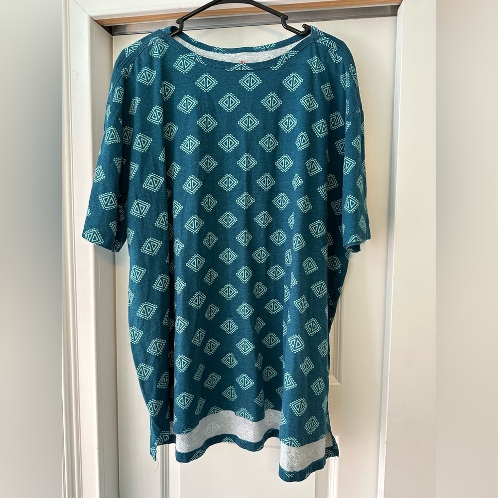 Woman Within Top 1X 22 24 Blue Southwestern Short Sleeve Cotton Blouse Comfy NEW